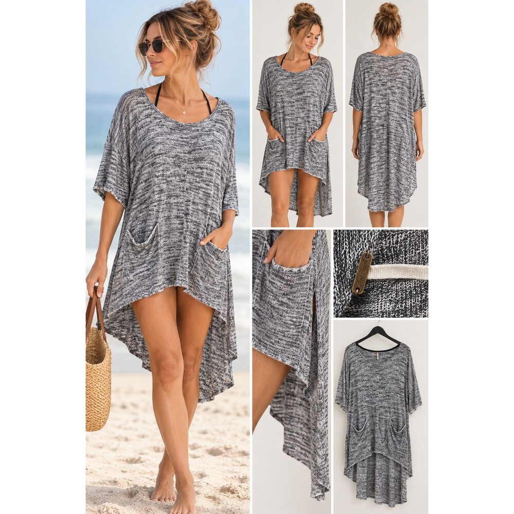 Women’s L Gray Boho Hi Low Tunic Dress Oversized Beach Cover Up Linen Resort
